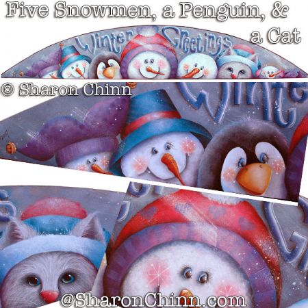 Five Snowmen A Penguin and A Cat Door Crown Painting Pattern - Sharon Chinn
