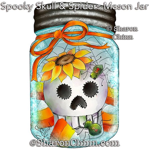 Spooky Skull and Spiders Mason Jar Painting Pattern - Sharon Chinn